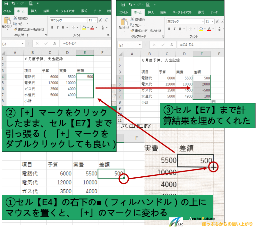 Excelのオートフィル機能を使って、計算結果を埋める