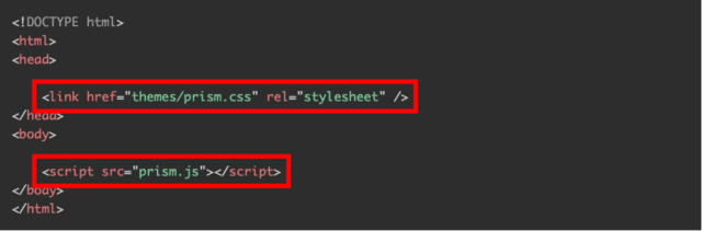 HTMLファイルにprism.cssとprism.jsファイルを読み込コードを追加（公式サイトより）